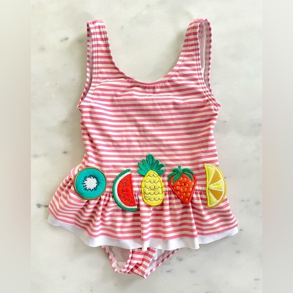 Mini Boden Pink Striped Ruffle Fruit Swimsuit - Picture 2 of 6